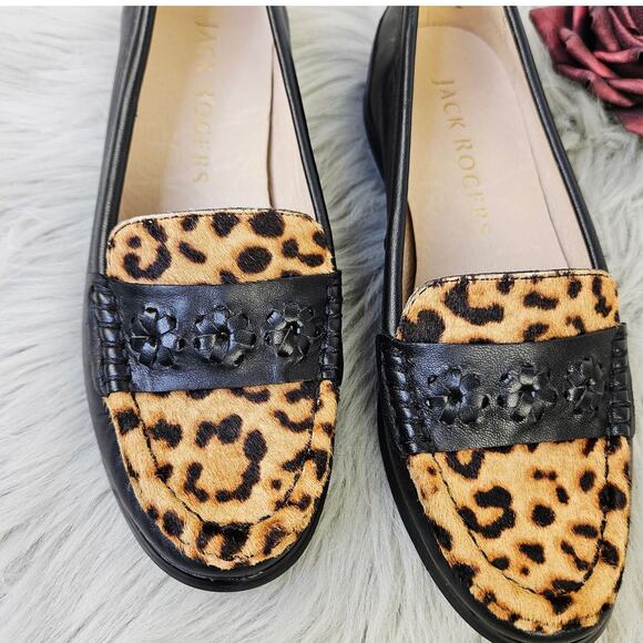 Jack Rogers Remy Calf Hair Leopard Print Loafers Black Leather SlipOn Flats 5.5B - Picture 7 of 13